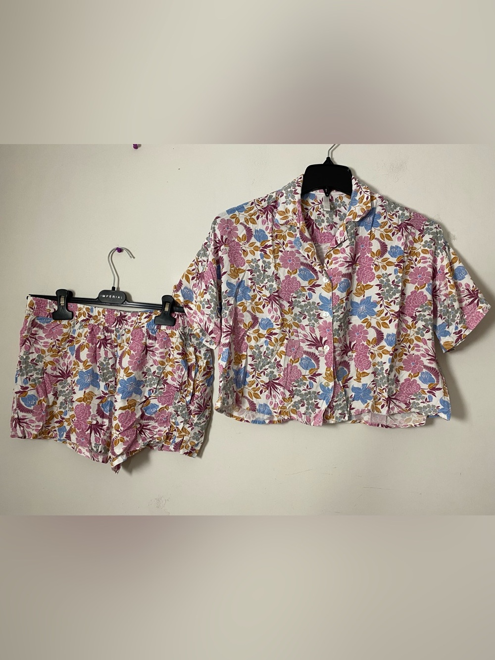 Floral Button-Front Shirt and Short sleepwear pyjama Set — Pink/Blue Floral